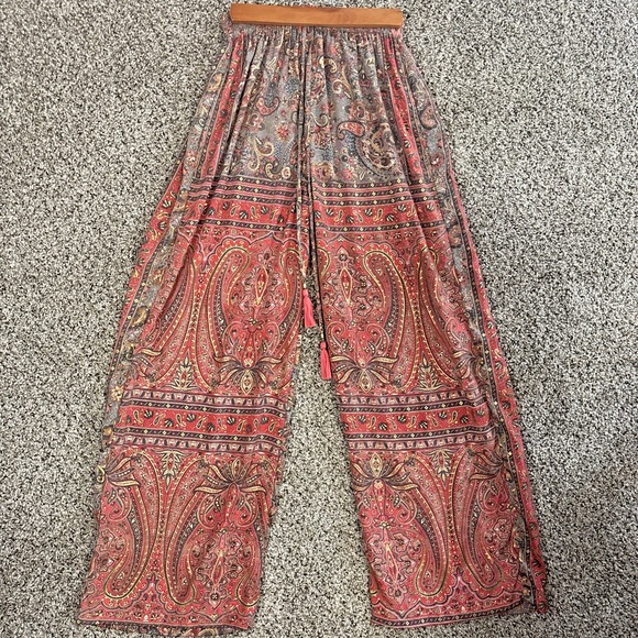 Cienna Pants - Cienna Pants Women S Silk Poly Blend Gold Red Floral Paisley Wide Leg Pants Boho